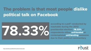 The problem is that most people dislike
political talk on Facebook
*http://mashable.com/2012/11/07/unfriend-election-poll/
78.33%
according to a poll* conducted by
mashable during the 2012
presidential election, 78.33% of
respondents either unfriended or
contemplated unfriending someone
due to their political commentary
 