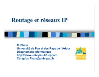 Routage et réseaux IP
Routage et réseaux IP
C. Pham
Université de Pau et des Pays de l’Adour
Département Informatique
http://www.univ-pau.fr/~cpham
Congduc.Pham@univ-pau.fr
 