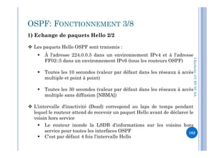 1) Echange de paquets Hello 2/2
I.Kechiche-CCBYNCSA
 Les paquets Hello OSPF sont transmis :
 À l'adresse 224.0.0.5 dans un environnement IPv4 et à l'adresse
FF02::5 dans un environnement IPv6 (tous les routeurs OSPF)
 Toutes les 10 secondes (valeur par défaut dans les réseaux à accès
multiple et point à point)
OSPF: FONCTIONNEMENT 3/8
CCBYNCSA-
162
multiple et point à point)
 Toutes les 30 secondes (valeur par défaut dans les réseaux à accès
multiple sans diffusion [NBMA])
 L'intervalle d'inactivité (Dead) correspond au laps de temps pendant
lequel le routeur attend de recevoir un paquet Hello avant de déclarer le
voisin hors service
 Le routeur inonde la LSDB d'informations sur les voisins hors
service pour toutes les interfaces OSPF
 C'est par défaut 4 fois l'intervalle Hello
 