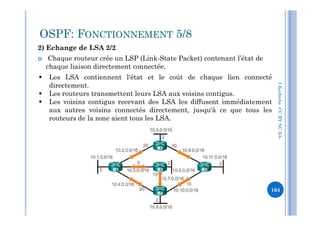 2) Echange de LSA 2/2
 Chaque routeur crée un LSP (Link-State Packet) contenant l’état de
chaque liaison directement connectée.
I.Kechiche-CCBYNCSA
 Les LSA contiennent l'état et le coût de chaque lien connecté
directement.
 Les routeurs transmettent leurs LSA aux voisins contigus.
 Les voisins contigus recevant des LSA les diffusent immédiatement
aux autres voisins connectés directement, jusqu'à ce que tous les
OSPF: FONCTIONNEMENT 5/8
CCBYNCSA-
164
aux autres voisins connectés directement, jusqu'à ce que tous les
routeurs de la zone aient tous les LSA.
 