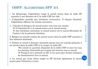  Au démarrage, l’algorithme range le noeud racine dans la table SP
associée à une distance de 0, la table CSP est vide.
 L’algorithme procède par itérations successives. À chaque itération,
l’algorithme effectue les actions suivantes :
1. Calculer la distance du noeud source vers tous ses voisins.
 À l’itération N=1, le noeud source est le noeud racine.
 Aux itérations suivantes, le noeud source est le noeud découlant de
l’action 4 de la présente itération.
OSPF: ALGORITHME SPF 4/4
I.Kechiche-CCBYNCSA
2. Ranger les noeuds voisins du noeud source dans la table CSP associés à
leur distance minimale.
3. Choisir le noeud à distance minimale parmi tous les noeuds présents à
cet instant dans la table CSP et le ranger en table SP :
le noeud en question disparaît de la table CSP et avec lui tous
les chemins alternatifs qui avaient été trouvés vers ce noeud.
 Puisqu’il est à présent en SP, il n’y aura plus d’autre tentative
de cheminement vers ce noeud.
4. Le noeud qui vient d’être rangé en SP devient également le noeud
source pour l’itération à venir.
CCBYNCSA-
179
 