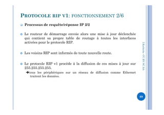  Processus de requête/réponse IP 2/2
 Le routeur de démarrage envoie alors une mise à jour déclenchée
qui contient sa propre table de routage à toutes les interfaces
activées pour le protocole RIP.
 Les voisins RIP sont informés de toute nouvelle route.
PROTOCOLE RIP V1: FONCTIONNEMENT 2/6
I.Kechiche-CCBYNCSA
 Le protocole RIP v1 procède à la diffusion de ces mises à jour sur
255.255.255.255.
tous les périphériques sur un réseau de diffusion comme Ethernet
traitent les données.
CCBYNCSA-
69
 