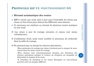 Résumé automatique des routes
 RIPv1 envoie une seule mise à jour pour l’ensemble du réseau par
classe au lieu d’une pour chacun des différents sous-réseaux.
 Ce processus est similaire au résumé de plusieurs routes statiques
en une seule
 Les mises à jour de routage envoyées et reçues sont moins
PROTOCOLE RIP V1: FONCTIONNEMENT 6/6
I.Kechiche-CCBYNCSA
 Les mises à jour de routage envoyées et reçues sont moins
volumineuses,
 L’utilisation d’une seule route accélère le processus de recherche
dans la table de routage.
 Ne prennent pas en charge les réseaux discontinus.
Les protocoles de routage par classe n’incluent pas le masque de sous-
réseau dans les mises à jour de routage.
Les réseaux sont automatiquement résumés aux frontières des
réseaux principaux puisque le routeur de réception est incapable de
déterminer le masque de la route.
 l’interface de réception et les routes découpées en sous-réseaux
peuvent avoir un masque différent.
CCBYNCSA-
73
 