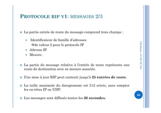  La partie entrée de route du message comprend trois champs :
 Identificateur de famille d’adresses
de valeur 2 pour le protocole IP
 Adresse IP
 Mesure.
PROTOCOLE RIP V1: MESSAGES 2/3
I.Kechiche-CCBYNCSA
Mesure.
 La partie du message relative à l’entrée de route représente une
route de destination avec sa mesure associée.
 Une mise à jour RIP peut contenir jusqu’à 25 entrées de route.
 La taille maximale du datagramme est 512 octets, sans compter
les en-têtes IP ou UDP.
 Les messages sont diffusés toutes les 30 secondes.
CCBYNCSA-
66
 