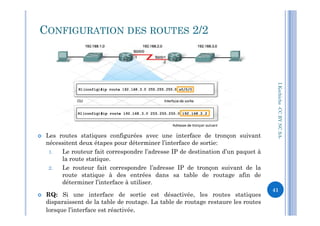 CONFIGURATION DES ROUTES 2/2
I.Kechiche-CCBYNCSA
 Les routes statiques configurées avec une interface de tronçon suivant
nécessitent deux étapes pour déterminer l’interface de sortie:
1. Le routeur fait correspondre l’adresse IP de destination d’un paquet à
la route statique.
2. Le routeur fait correspondre l’adresse IP de tronçon suivant de la
route statique à des entrées dans sa table de routage afin de
déterminer l’interface à utiliser.
 RQ: Si une interface de sortie est désactivée, les routes statiques
disparaissent de la table de routage. La table de routage restaure les routes
lorsque l’interface est réactivée.
CCBYNCSA-
41
 