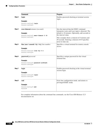 Chapter 1   Basic Router Configuration
  Configuring Basic Parameters




                       Command                                                         Purpose
           Step 3      login                                                           Enables password checking at terminal session
                                                                                       login.
                       Example:
                       Router(config)# login
                       Router(config)#


           Step 4      exec-timeout minutes [seconds]                                  Sets the interval that the EXEC command
                                                                                       interpreter waits until user input is detected. The
                       Example:                                                        default is 10 minutes. Optionally, add seconds to
                       Router(config)# exec-timeout 5 30                               the interval value.
                       Router(config)#
                                                                                       This example shows a timeout of 5 minutes and
                                                                                       30 seconds. Entering a timeout of 0 0 specifies
                                                                                       never to time out.
           Step 5      line [aux | console | tty | vty] line-number                    Specifies a virtual terminal for remote console
                                                                                       access.
                       Example:
                       Router(config)# line vty 0 4
                       Router(config)#


           Step 6      password password                                               Specifies a unique password for the virtual
                                                                                       terminal line.
                       Example:
                       Router(config)# password aldf2ad1
                       Router(config)#


           Step 7      login                                                           Enables password checking at the virtual terminal
                                                                                       session login.
                       Example:
                       Router(config)# login
                       Router(config)#


           Step 8      end                                                             Exits line configuration mode, and returns to
                                                                                       privileged EXEC mode.
                       Example:
                       Router(config)# end
                       Router#



                       For complete information about the command line commands, see the Cisco IOS Release 12.3
                       documentation set.




            Cisco 850 Series and Cisco 870 Series Access Routers Software Configuration Guide
1-10                                                                                                                                OL-5332-01
 