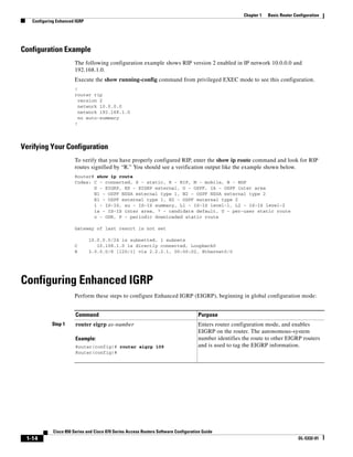 Chapter 1   Basic Router Configuration
   Configuring Enhanced IGRP




Configuration Example
                        The following configuration example shows RIP version 2 enabled in IP network 10.0.0.0 and
                        192.168.1.0.
                        Execute the show running-config command from privileged EXEC mode to see this configuration.
                        !
                        router rip
                          version 2
                          network 10.0.0.0
                          network 192.168.1.0
                          no auto-summary
                        !




Verifying Your Configuration
                        To verify that you have properly configured RIP, enter the show ip route command and look for RIP
                        routes signified by “R.” You should see a verification output like the example shown below.
                        Router# show ip route
                        Codes: C - connected, S - static, R - RIP, M - mobile, B - BGP
                               D - EIGRP, EX - EIGRP external, O - OSPF, IA - OSPF inter area
                               N1 - OSPF NSSA external type 1, N2 - OSPF NSSA external type 2
                               E1 - OSPF external type 1, E2 - OSPF external type 2
                               i - IS-IS, su - IS-IS summary, L1 - IS-IS level-1, L2 - IS-IS level-2
                               ia - IS-IS inter area, * - candidate default, U - per-user static route
                               o - ODR, P - periodic downloaded static route

                        Gateway of last resort is not set

                               10.0.0.0/24 is subnetted, 1 subnets
                        C         10.108.1.0 is directly connected, Loopback0
                        R      3.0.0.0/8 [120/1] via 2.2.2.1, 00:00:02, Ethernet0/0




Configuring Enhanced IGRP
                        Perform these steps to configure Enhanced IGRP (EIGRP), beginning in global configuration mode:


                        Command                                                       Purpose
            Step 1      router eigrp as-number                                        Enters router configuration mode, and enables
                                                                                      EIGRP on the router. The autonomous-system
                        Example:                                                      number identifies the route to other EIGRP routers
                        Router(config)# router eigrp 109                              and is used to tag the EIGRP information.
                        Router(config)#




             Cisco 850 Series and Cisco 870 Series Access Routers Software Configuration Guide
 1-14                                                                                                                              OL-5332-01
 