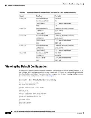 Chapter 1   Basic Router Configuration
  Viewing the Default Configuration




                        Table 1-1     Supported Interfaces and Associated Port Labels by Cisco Router (continued)

                        Router                          Interface                               Port Label
                        Cisco 871                       Fast Ethernet LAN                       FE0–FE3
                                                        Fast Ethernet WAN                       FE4
                                                        Wireless LAN                            LEFT, RIGHT/PRIMARY
                                                        USB                                     1–0
                        Cisco 857                       Fast Ethernet LAN                       LAN (top), FE0–FE3 (bottom)
                                                        ATM WAN                                 ADSLoPOTS
                                                        Wireless LAN                            (no label)
                        Cisco 876                       Fast Ethernet LAN                       LAN (top), FE0–FE3 (bottom)
                                                        ATM WAN                                 ADSLoISDN
                                                        Wireless LAN                            LEFT, RIGHT/PRIMARY
                                                        BRI                                     ISDN S/T
                        Cisco 877                       Fast Ethernet LAN                       LAN (top), FE0–FE3 (bottom)
                                                        ATM WAN                                 ADSLoPOTS
                                                        Wireless LAN                            LEFT, RIGHT/PRIMARY
                        Cisco 878                       Fast Ethernet LAN                       FE0–FE3
                                                        ATM WAN                                 G.SHDSL
                                                        Wireless LAN                            LEFT, RIGHT/PRIMARY
                                                        BRI                                     ISDN S/T



Viewing the Default Configuration
                        When you first boot up your Cisco router, some basic configuration has already been performed. All of
                        the LAN and WAN interfaces have been created, console and VTY ports are configured, and the inside
                        interface for Network Address Translation has been assigned. Use the show running-config command
                        to view the initial configuration, as shown in Example 1-1.

                        Example 1-1       Cisco 851 Default Configuration on Startup

                        Router# show running-config
                        Building configuration...

                        Current configuration : 1090 bytes
                        !
                        version 12.3
                        no service pad
                        service timestamps debug datetime msec
                        service timestamps log datetime msec
                        no service password-encryption
                        !
                        hostname Router
                        !
                        boot-start-marker
                        boot-end-marker
                        !




            Cisco 850 Series and Cisco 870 Series Access Routers Software Configuration Guide
 1-2                                                                                                                                    OL-5332-01
 