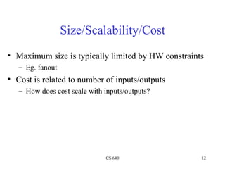 Size/Scalability/Cost Maximum size is typically limited by HW constraints Eg. fanout Cost is related to number of inputs/outputs How does cost scale with inputs/outputs? 