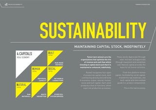 ROUTE2 SUSTAINABILITY                                                                                                                                    COMPANY INTRODUCTION




                                               SUSTAINABILITY                   MAINTAINING CAPITAL STOCK, INDEFINITELY

             4 CAPITALS                                   BUILT
                                                          CAPITAL
             REAL ECONOMY                                                                  Tomorrow’s winners are the            These stocks depreciate (through
                                                                                    organisations that optimise the mix             wear and tear) and appreciate
                                                                    MAN-MADE           of revenue and cash ﬂow whilst          (through investment and sometimes
                                                                     MATERIAL     investing in capital stock such that it is     use). Natural capital provides the
                                                                                   maintained or enhanced, indeﬁnitely.              basis for all human activities.
                                  HUMAN                   SOCIAL
                                  CAPITAL                 CAPITAL
                                                                                           Route2 recognises four types                  From this platform human
                                                                                       of productive capital stock, each       capital, facilitated by social capital,
                                             INDIVIDUAL           NETWORK &
                                                                                     contributing directly and indirectly          transforms raw materials, into
                                               CAPACITY         CONNECTIONS        to economic output: natural, human,               built capital and intermediate
                                                                                     social and built capital. Each stock        goods (i.e. product components).
            NATURAL                                                                 produces a ﬂ ow of functions, which
            CAPITAL
                                                                                       input into production processes.                   This is the real economy.


                           RAW                  WASTE            OTHER ECO-
                      MATERIALS             ABSORPTION       SYSTEM SERVICES
 