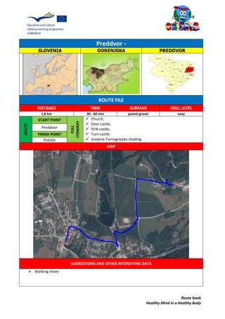 Route book
Healthy Mind in a Healthy Body
Preddvor -
SLOVENIA GORENJSKA PREDDVOR
ROUTE FILE
DISTANCE TIME SURFAVE SKILL LEVEL
1,8 km 30 - 60 min paved-gravel easy
ROUTE
START POINT
FULL
ITENERAY
 Church,
 Dvor castle,
 Hrib castle,
 Turn castle
 Josipina Turnograjska shading
Preddvor
FINISH POINT
Potoče
MAP
SUGGESTIONS AND OTHER INTERESTING DATA
 Walking shoes
 
