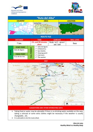 Libro de rutas
Healthy Mind in a Healthy Body
“Ruta del Alba”
COUNTRY AREA LOCATION
ROUTE FILE
DISTANCE TIME SURFAVE SKILL LEVEL
7 km.
2 h. and 30 minutes
afoot
Rocky soil, gravel
and land
Easy
ROUTE
START POINT
FULLITENERAY
 Soto de Agues
 El Retortiriu
 San Andrés
 Viewing point
 Fish Farm
 The washer
Soto de Agues
FINISH POINT
Cruz de los ríos
MAP
SUGGESTIONS AND OTHER INTERESTING DATA
 Taking food or water may be advisable if there is no drinking water available on the way,
taking a raincoat or some extra clothes might be necessary if the weather is usually
changeable… etc.
 It is advisable to do the route afoot.
 