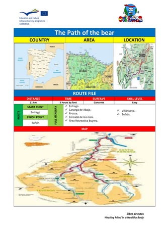Libro de rutas
Healthy Mind in a Healthy Body
The Path of the bear
COUNTRY AREA LOCATION
ROUTE FILE
DISTANCE TIME SURFAVE SKILL LEVEL
21 km 5 hours by foot Concrete Easy
ROUTE
START POINT
FULLITENERAY
 Entrago.
 Caranga de Abajo.
 Proaza.
 Cercado de los osos.
 Área Recreativa Buyera.
Entrago
FINISH POINT
Tuñón
MAP
 Villanueva.
 Tuñón.
 