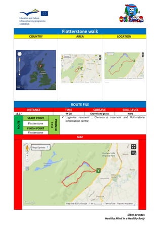 Libro de rutas
Healthy Mind in a Healthy Body
Flotterstone walk
COUNTRY AREA LOCATION
ROUTE FILE
DISTANCE TIME SURFAVE SKILL LEVEL
11.27 4h 20 Gravel and grass Hard
ROUTE
START POINT
FULL
ITENERAY
 Loganlee reservoir , Glencourse reservoir and flotterstone
information centre
Flotterstone
FINISH POINT
Flotterstone
MAP
 