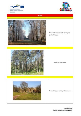 Libro de rutas
Healthy Mind in a Healthy Body
POI’s
Trees on side of hill
Penicuik house durning the summer
Road with trees on side leading to
penicuik house
 