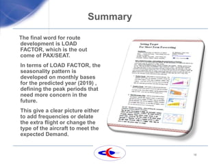 18
Summary
The final word for route
development is LOAD
FACTOR, which is the out
come of PAX/SEAT.
In terms of LOAD FACTOR, the
seasonality pattern is
developed on monthly bases
for the predicted year (2019) ,
defining the peak periods that
need more concern in the
future.
This give a clear picture either
to add frequencies or delate
the extra flight or change the
type of the aircraft to meet the
expected Demand.
 