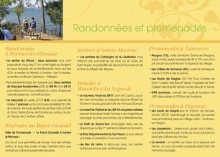Randonnées et promenades
Randonnées
à Bormes-les-Mimosas
•Le sentier du littoral : deux parcours vous sont
proposés le long des 17 km aménagés qui longent
les eaux limpides de la méditerranée, face aux Iles
d’Or. Le sentier du littoral La Favière – les Fouirades.
Le sentier du littoral Cabasson – Pellegrin.
•Bormes-les-Mimosas est traversé par deux sentiers
de Grandes Randonnées (GR), le GR 90 et le GR 51
pour découvrir et vous balader au cœur d’espaces
naturels préservés : la forêt du Dom.
•Le Visiocarte en vente à l’OT (8 €) vous permet de
réaliser 7 parcours sur la commune nécessitant 2h à 8h
de marche : les hauts de Bormes, les Trois Cols, La Forêt
du Dom, Notre Dame de Constance, autour du lac
du Trapan, les 2 sentiers côtiers.
Itinéraire au Rayol Canadel
Idée de Promenade : « Le Rayol Canadel à travers
le Mimosa »
Ce circuit vous permettra de circuler hors des sentiers
battus, le long des routes et des chemins dans une
ambiance calme et parsemée de jaune.
Sentiers à Sainte-Maxime
• Les sentiers du Catalugno et du Quilladou vous
offriront des panoramas de rêve sur le Golfe de
Saint-Tropez, la possibilité de découvrir la faune et de
la flore du Massif des Maures.
Balades à
Mandelieu-La Napoule
• Le nouveau tracé du GR 51 part de Capitou, quar-
tier des mimosistes, et serpente dans le Massif du
Tanneron, la plus grande forêt de mimosa d’Europe.
• Le massif de l’Estérel et ses 400 Km de pistes balisées
permet d’accéder toute l’année à de magnifiques
paysages tournés vers le bleu de la Méditerranée.
• La Forêt du Grand Duc aménagée avec aire de
pique-nique sur les 1res
pentes du Massif du Tanneron.
• Le Parc Départemental du San Peyre où vous attend
une table d’orientation à son sommet.
• Les Iles de Lérins à découvrir avec son sentier
botanique et son parc ornithologique.
Promenades à Tanneron
• Peygros (1h), visite de Notre Dame de Peygros,
lundi, mardi, jeudi, vendredi de 9h à 17h, suivi d’un
joli circuit vous ramenant à la place du village.
• Les Crêtes de Tanneron (5h) : carte et renseigne-
ments à l’office de tourisme.
• Les Bords de Siagne (RD 94) Tour Carrée de
Saint Cassien des Bois IXe siècle Chapelle de Saint
Cassien des Bois XIIe siècle Ancien Moulin à farine.
• GPS aventure, carnets de route et location de
GPS disponibles à l’Office de Tourisme.
Promenades à Pégomas
• Les bords de Siagne par le chemin de l’écluse,
ancien GR 51 réaménagé et sécurisé. Ce sentier
vous emmènera jusqu’au village voisin : Auribeau-
sur- Siagne.
• Les sausserons : laissez-vous guider par l’odeur…
une petite promenade facile qui vous conduira au
pied des cultures de mimosa.
• La verrerie : un sentier au cœur d’un espace vert
dense, où vous trouverez quelques spécimens de
mimosas sauvages.
 
