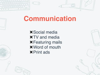 Communication
✖Social media
✖TV and media
✖Featuring mails
✖Word of mouth
✖Print ads
 