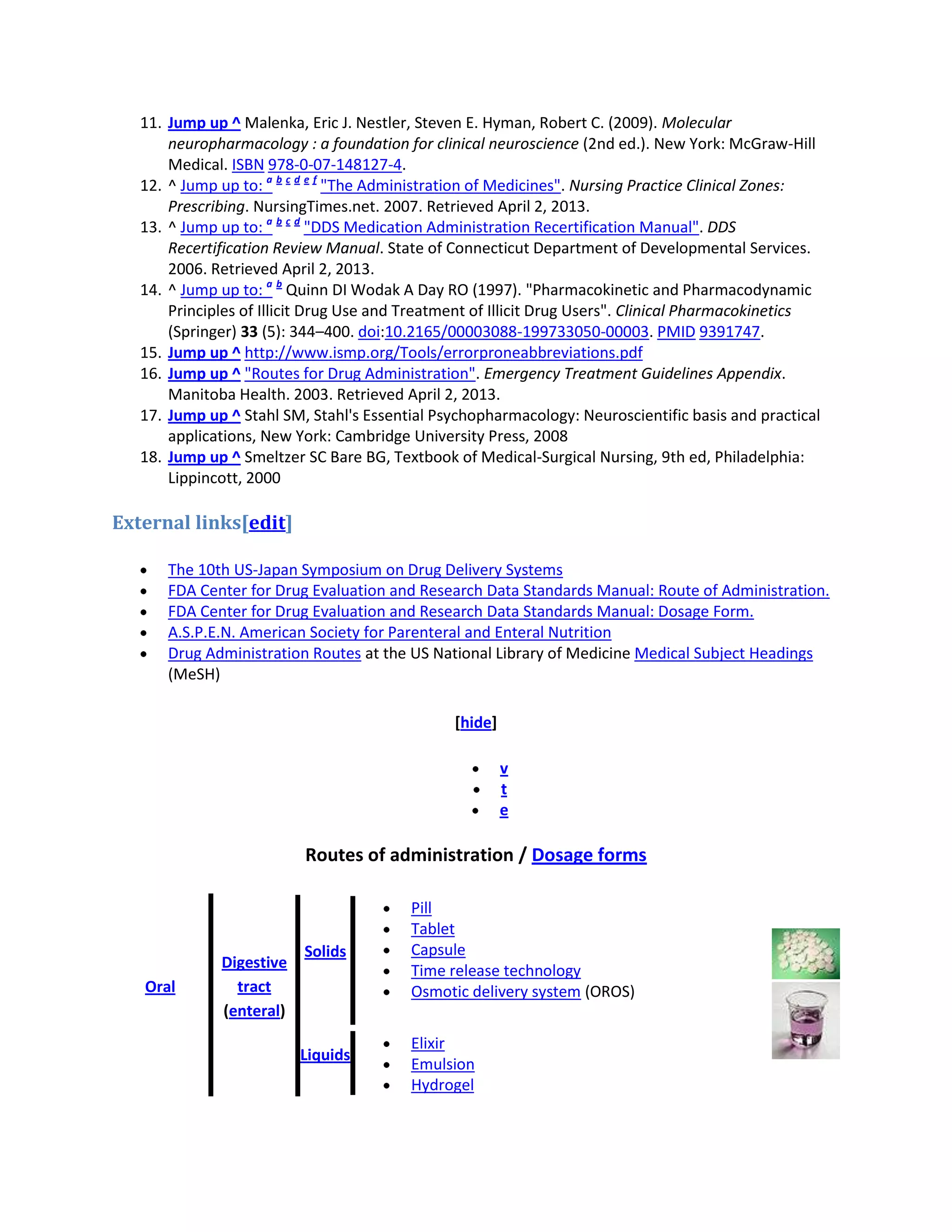 11. Jump up ^ Malenka, Eric J. Nestler, Steven E. Hyman, Robert C. (2009). Molecular
neuropharmacology : a foundation for clinical neuroscience (2nd ed.). New York: McGraw-Hill
Medical. ISBN 978-0-07-148127-4.
12. ^ Jump up to: a b c d e f "The Administration of Medicines". Nursing Practice Clinical Zones:
Prescribing. NursingTimes.net. 2007. Retrieved April 2, 2013.
13. ^ Jump up to: a b c d "DDS Medication Administration Recertification Manual". DDS
Recertification Review Manual. State of Connecticut Department of Developmental Services.
2006. Retrieved April 2, 2013.
14. ^ Jump up to: a b Quinn DI Wodak A Day RO (1997). "Pharmacokinetic and Pharmacodynamic
Principles of Illicit Drug Use and Treatment of Illicit Drug Users". Clinical Pharmacokinetics
(Springer) 33 (5): 344–400. doi:10.2165/00003088-199733050-00003. PMID 9391747.
15. Jump up ^ http://www.ismp.org/Tools/errorproneabbreviations.pdf
16. Jump up ^ "Routes for Drug Administration". Emergency Treatment Guidelines Appendix.
Manitoba Health. 2003. Retrieved April 2, 2013.
17. Jump up ^ Stahl SM, Stahl's Essential Psychopharmacology: Neuroscientific basis and practical
applications, New York: Cambridge University Press, 2008
18. Jump up ^ Smeltzer SC Bare BG, Textbook of Medical-Surgical Nursing, 9th ed, Philadelphia:
Lippincott, 2000

External links[edit]
The 10th US-Japan Symposium on Drug Delivery Systems
FDA Center for Drug Evaluation and Research Data Standards Manual: Route of Administration.
FDA Center for Drug Evaluation and Research Data Standards Manual: Dosage Form.
A.S.P.E.N. American Society for Parenteral and Enteral Nutrition
Drug Administration Routes at the US National Library of Medicine Medical Subject Headings
(MeSH)
[hide]
v
t
e

Routes of administration / Dosage forms

Oral

Digestive
tract
(enteral)

Solids

Liquids

Pill
Tablet
Capsule
Time release technology
Osmotic delivery system (OROS)
Elixir
Emulsion
Hydrogel

 
