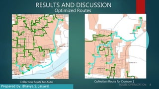 RESULTS AND DISCUSSION
Optimized Routes
Collection Route for Auto Collection Route for Dumper 1
ROUTE OPTIMIZATION 8
Prepared by: Bhavya S. Jaiswal
 