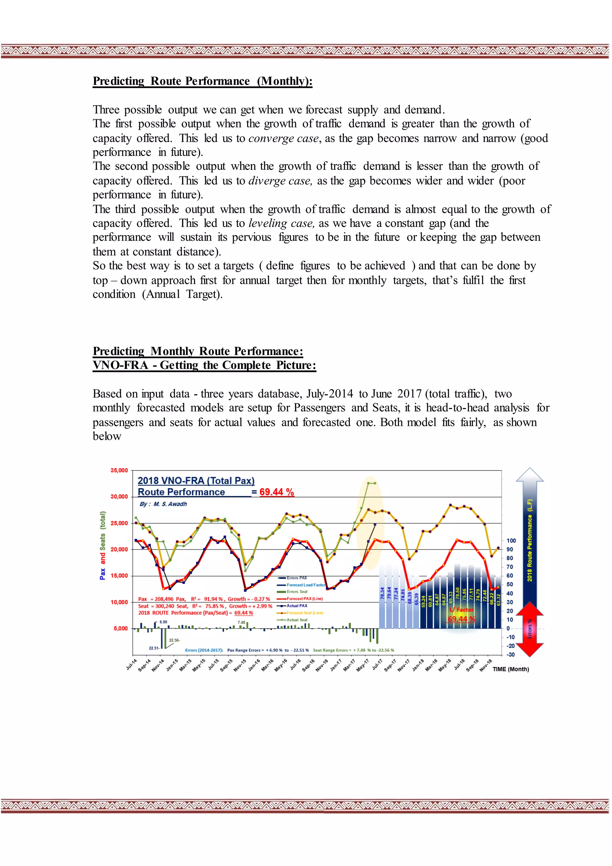 4
Predicting Route Performance (Monthly):
Three possible output we can get when we forecast supply and demand.
The first possible output when the growth of traffic demand is greater than the growth of
capacity offered. This led us to converge case, as the gap becomes narrow and narrow (good
performance in future).
The second possible output when the growth of traffic demand is lesser than the growth of
capacity offered. This led us to diverge case, as the gap becomes wider and wider (poor
performance in future).
The third possible output when the growth of traffic demand is almost equal to the growth of
capacity offered. This led us to leveling case, as we have a constant gap (and the
performance will sustain its pervious figures to be in the future or keeping the gap between
them at constant distance).
So the best way is to set a targets ( define figures to be achieved ) and that can be done by
top – down approach first for annual target then for monthly targets, that’s fulfil the first
condition (Annual Target).
Predicting Monthly Route Performance:
VNO-FRA - Getting the Complete Picture:
Based on input data - three years database, July-2014 to June 2017 (total traffic), two
monthly forecasted models are setup for Passengers and Seats, it is head-to-head analysis for
passengers and seats for actual values and forecasted one. Both model fits fairly, as shown
below
 