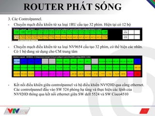 6
ROUTER PHÁT SÓNG
3. Các Controlpannel.
- Chuyển mạch điều khiển từ xa loại 1RU cấu tạo 32 phím. Hiện tại có 12 bộ
- Chuyển mạch điều khiển từ xa loại NV9654 cấu tạo 32 phím, có thể hiện các nhãn.
Có 1 bộ đang sử dụng cho CM trung tâm
- Kết nối điều khiển giữa controlpannel và bộ điều khiển NV920D qua cổng ethernet.
Các controlpannel đấu vào SW 524 phòng hạ tầng và thực hiện các lệnh của
NV920D thông qua kết nối ethernet giữa SW dell 5524 và SW Cisco4510
 