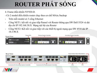 7
ROUTER PHÁT SÓNG
4. Frame điều khiển NV920-D.
- Có 2 modul điều khiển router chạy theo cơ chế MAin./backup
- Trên mỗi modul có 3 cổng Ethernet
- Cổng NET1: kết nối và giao tiếp Pannel với Router thông qua SW Dell 5524 và dải
địa chỉ IP 192.168.30.X Mạng nội bộ của Router
- Cổng NET2: Kết nối và giao tiếp với các thiết bị ngoài mạng qua SW 4510 dải IP
10.3.90.X
 