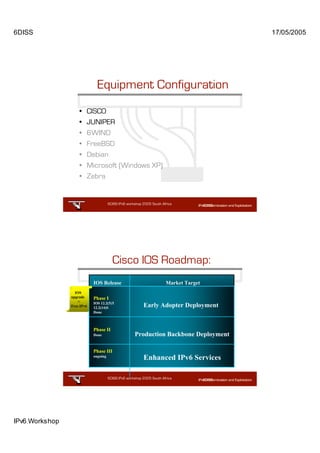 6DISS                                                                                    17/05/2005




                              Equipment Configuration
                    •   CISCO
                    •   JUNIPER
                    •   6WIND
                    •   FreeBSD
                    •   Debian
                    •   Microsoft (Windows XP)
                    •   Zebra


                                      6DISS IPv6 workshop 2005 South Africa

                                                                     5




                                        Cisco IOS Roadmap:
                            IOS Release                                  Market Target
                  IOS
                upgrade     Phase I
                    =       IOS 12.2(5)T
                Free IPv6   12.2(14)S                     Early Adopter Deployment
                            Done



                            Phase II
                            Done                     Production Backbone Deployment

                            Phase III
                            ongoing
                                                          Enhanced IPv6 Services

                                      6DISS IPv6 workshop 2005 South Africa

                                                                     6




IPv6 Workshop
 