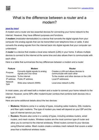 Downloaded from: justpaste.it/810xj
What is the difference between a router and a
modem?
post by inovi
A modem and a router are two essential devices for connecting your home network to the
internet. However, they have different purposes and functions.
A modem (modulator-demodulator) is a device that converts the digital signals from your
computer into analog signals that can be transmitted over telephone lines or cable. It also
converts the analog signals from the internet back into digital signals that your computer can
understand.
A router is a device that creates a local area network (LAN) in your home. It allows multiple
devices to connect to the internet at the same time and also allows them to communicate with
each other.
Here is a table that summarizes the key differences between a modem and a router:
Feature Modem Router
Purpose
Converts digital signals to analog
signals and vice versa
Creates a LAN and allows devices to
communicate with each other
Connection To the internet To the modem and other devices on the LAN
IP address Public IP address Local IP addresses
Network
type
Wide area network (WAN) Local area network (LAN)
In most cases, you will need both a modem and a router to connect your home network to the
internet. However, some ISPs offer modem/router combos that combine both devices into a
single unit.
Here are some additional details about the two devices:
Modems: Modems come in a variety of types, including cable modems, DSL modems,
and fiber optic modems. The type of modem you need will depend on your ISP and the
type of internet service you have.
Routers: Routers also come in a variety of types, including wireless routers, wired
routers, and mesh routers. Wireless routers are the most common type of router and
allow you to connect to the internet wirelessly. Wired routers connect to your devices
using Ethernet cables. Mesh routers create a wireless mesh network that covers a wider
area than a traditional wireless router.
 