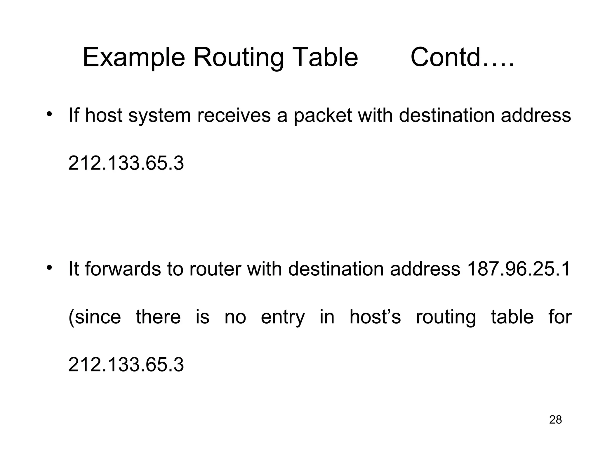 Example Routing Table                Contd….

• If host system receives a packet with destination address

  212.133.65.3




• It forwards to router with destination address 187.96.25.1

  (since there is no entry in host’s routing table for

  212.133.65.3

                                                         28
 