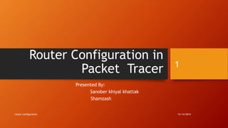 Router Configuration in 
Packet Tracer 
Presented By: 
Sanober khiyal khattak 
Shamzash 
1 
router configuration 12/14/2014 
 