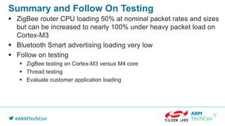 Summary and Follow On Testing
 ZigBee router CPU loading 50% at nominal packet rates and sizes
but can be increased to nearly 100% under heavy packet load on
Cortex-M3
 Bluetooth Smart advertising loading very low
 Follow on testing
 ZigBee testing on Cortex-M3 versus M4 core
 Thread testing
 Evaluate customer application loading
 