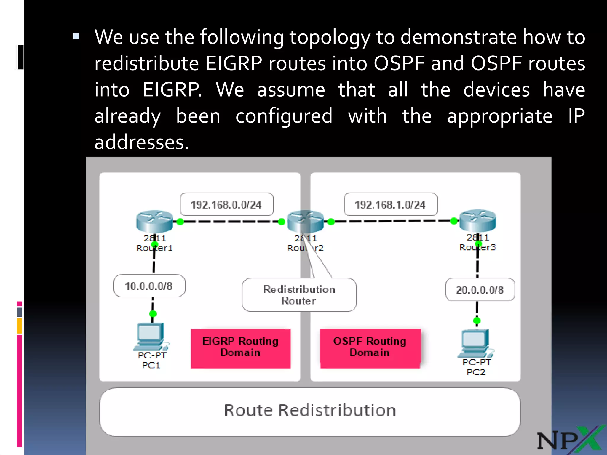  We use the following topology to demonstrate how to
redistribute EIGRP routes into OSPF and OSPF routes
into EIGRP. We assume that all the devices have
already been configured with the appropriate IP
addresses.
 