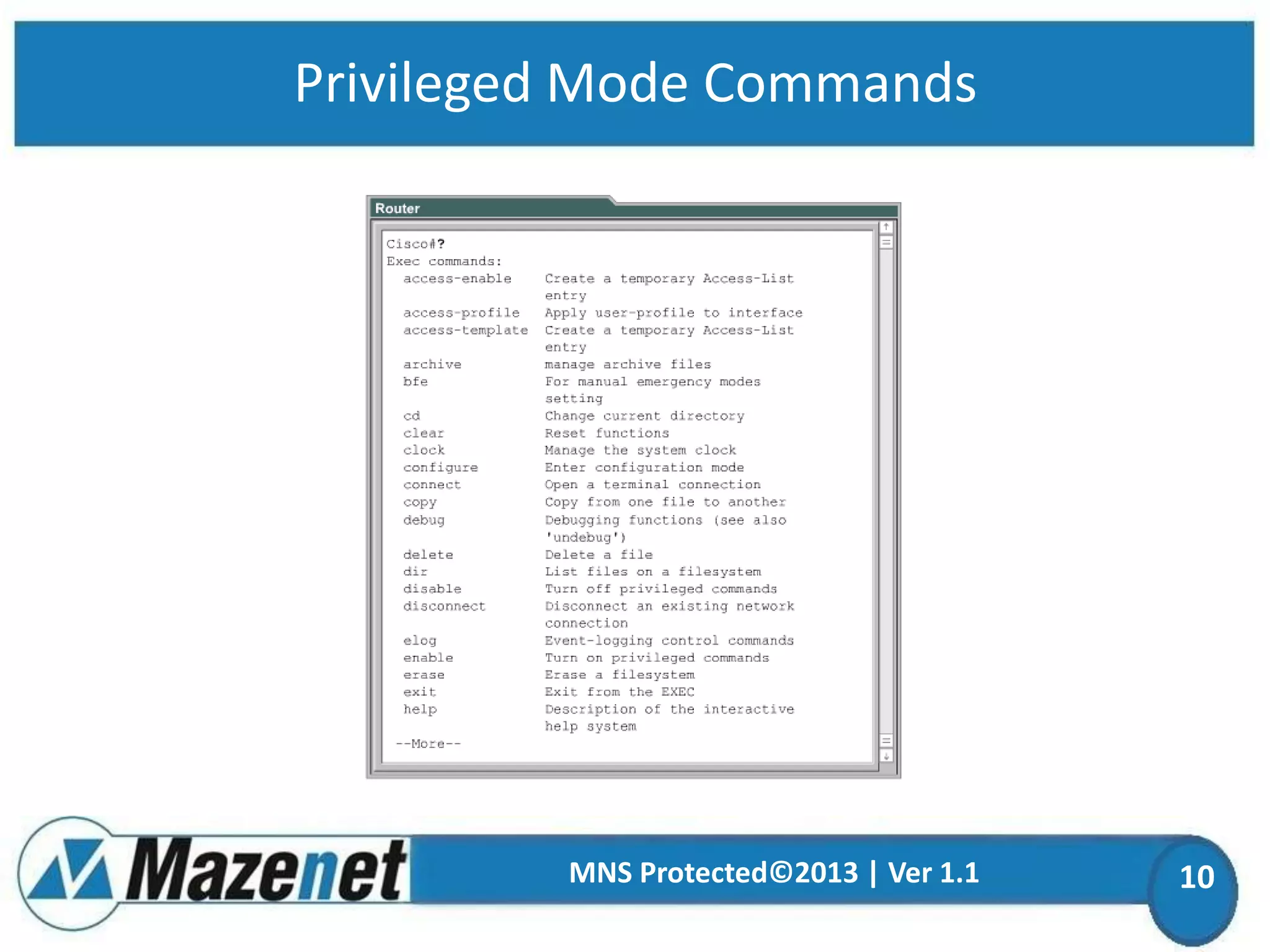 Privileged Mode Commands

MNS Protected©2013 | Ver 1.1

10

 