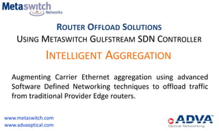 ROUTER OFFLOAD SOLUTIONS 
USING METASWITCH GULFSTREAM SDN CONTROLLER 
INTELLIGENT AGGREGATION 
Augmenting Carrier Ethernet aggregation using advanced 
Software Defined Networking techniques to offload traffic 
from traditional Provider Edge routers. 
www.metaswitch.com 
www.advaoptical.com 
 
