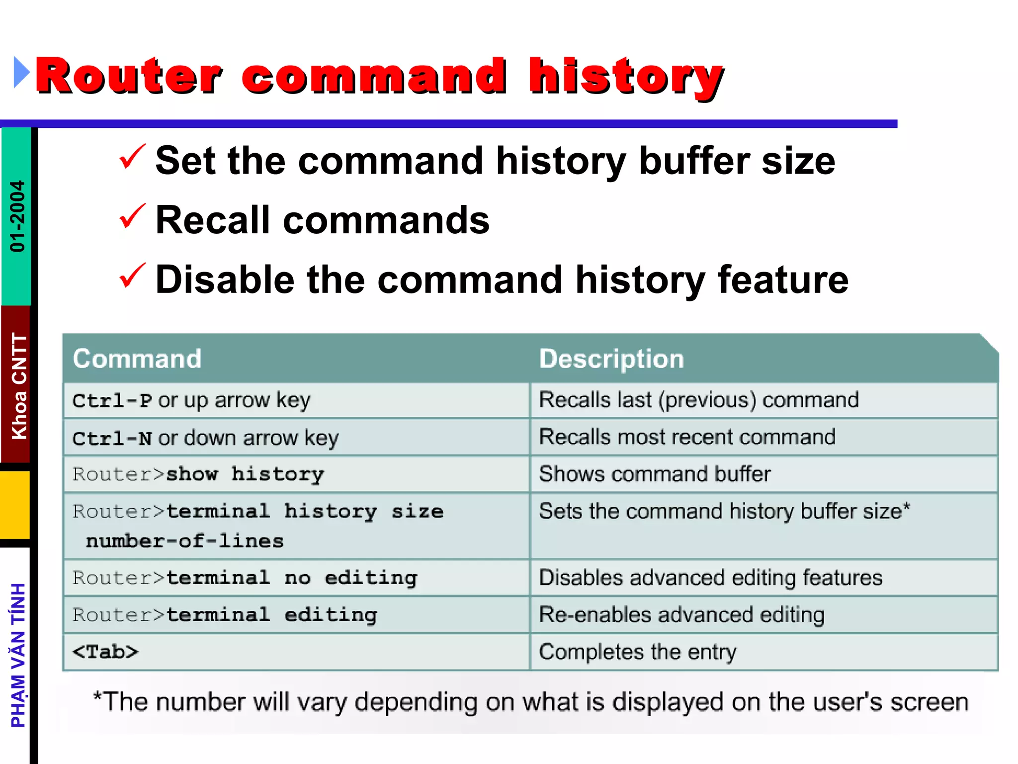 Router command history   Set the command history buffer size  Recall commands  Disable the command history feature  