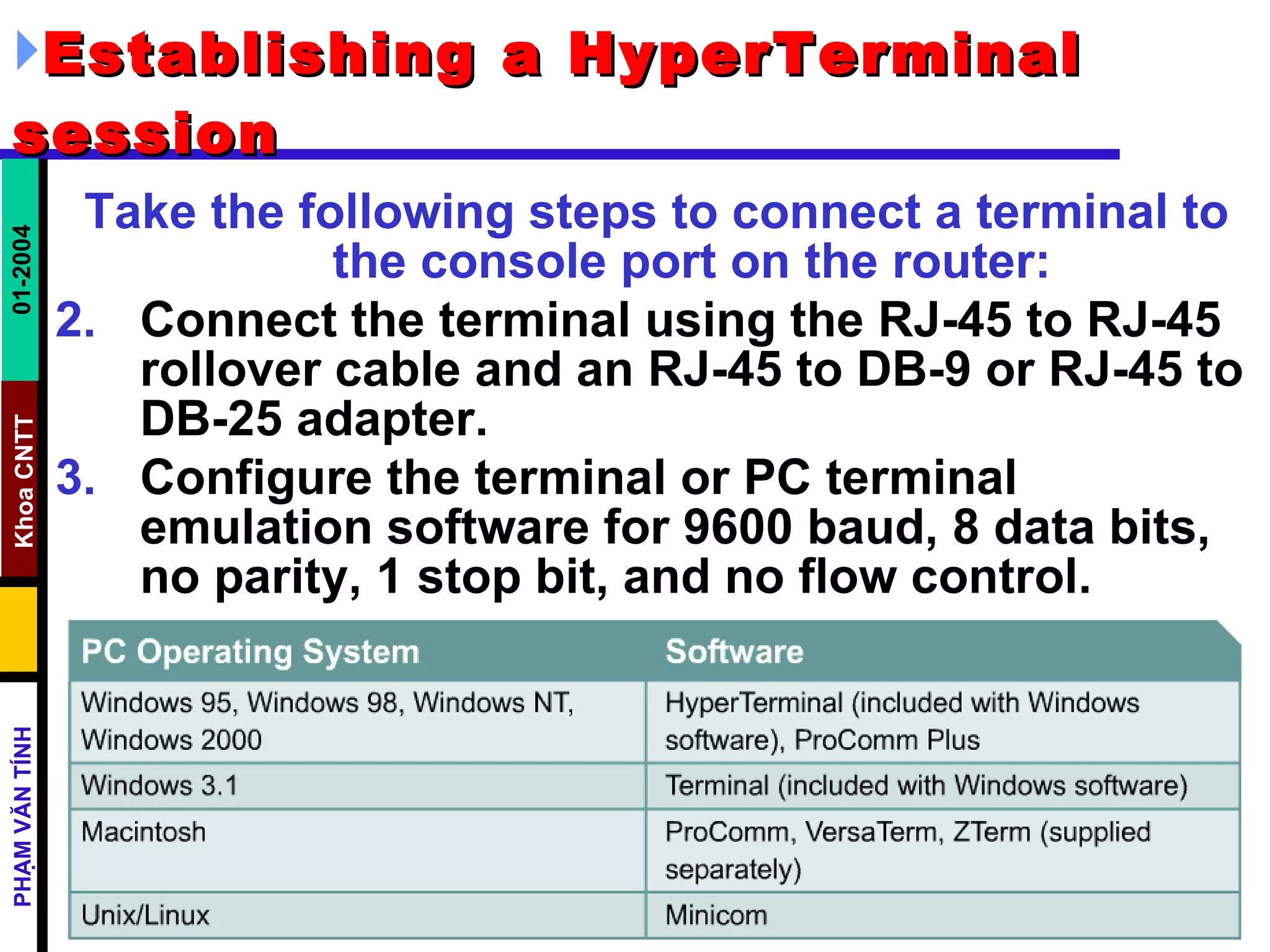 Establishing a HyperTerminal session   Take the following steps to connect a terminal to the console port on the router:   Connect the terminal using the RJ-45 to RJ-45 rollover cable and an RJ-45 to DB-9 or RJ-45 to DB-25 adapter.  Configure the terminal or PC terminal emulation software for 9600 baud, 8 data bits, no parity, 1 stop bit, and no flow control.  
