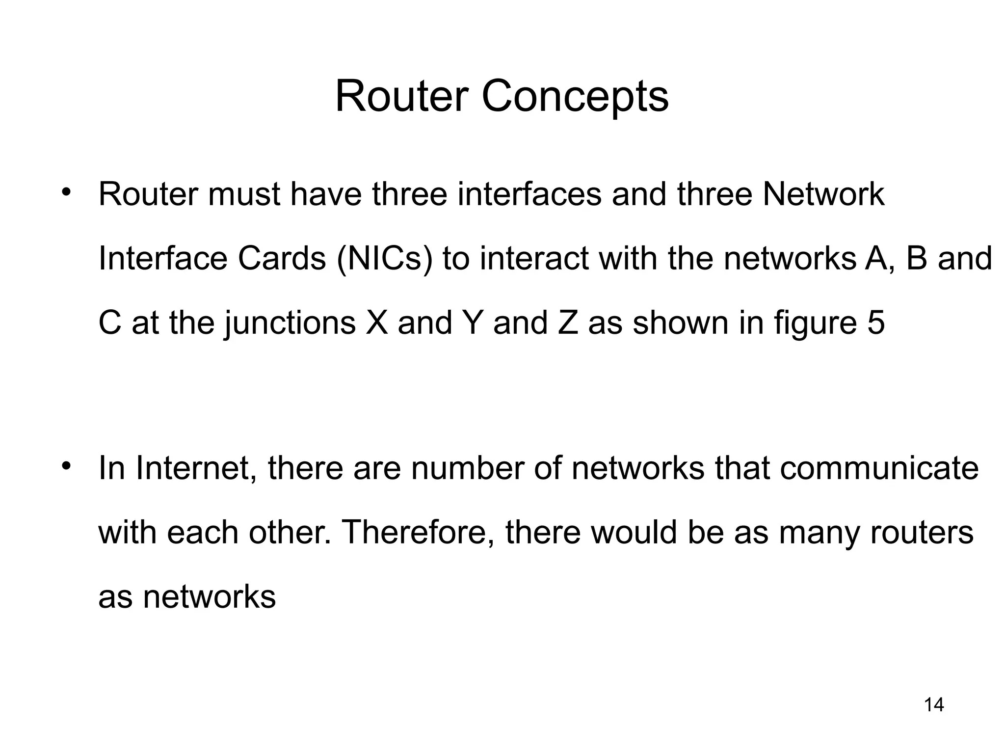Router Concepts

• Router must have three interfaces and three Network
  Interface Cards (NICs) to interact with the networks A, B and
  C at the junctions X and Y and Z as shown in figure 5



• In Internet, there are number of networks that communicate
  with each other. Therefore, there would be as many routers
  as networks


                                                          14
 