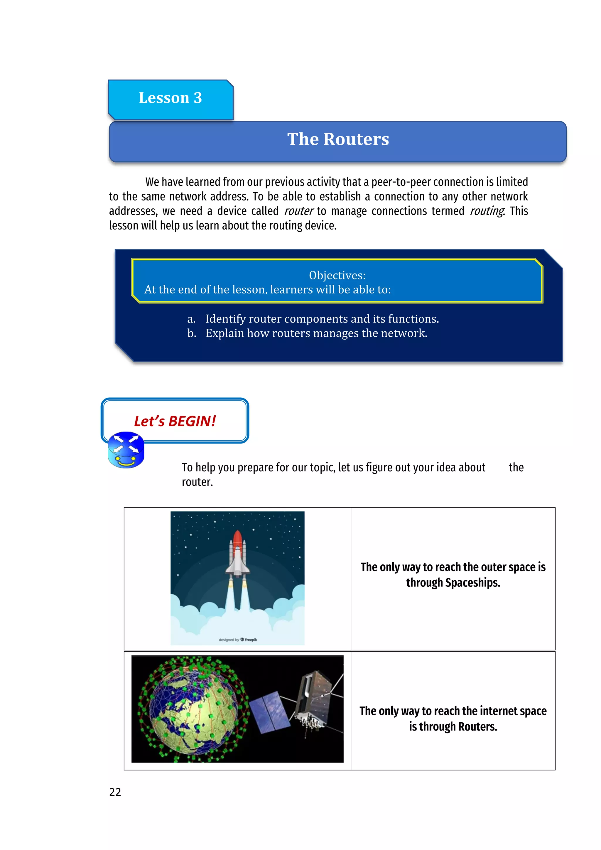 22
We have learned from our previous activity that a peer-to-peer connection is limited
to the same network address. To be able to establish a connection to any other network
addresses, we need a device called router to manage connections termed routing. This
lesson will help us learn about the routing device.
To help you prepare for our topic, let us figure out your idea about the
router.
The only way to reach the outer space is
through Spaceships.
The only way to reach the internet space
is through Routers.
Let’s BEGIN!
The Routers
Lesson 3
a. Identify router components and its functions.
b. Explain how routers manages the network.
Objectives:
At the end of the lesson, learners will be able to:
 