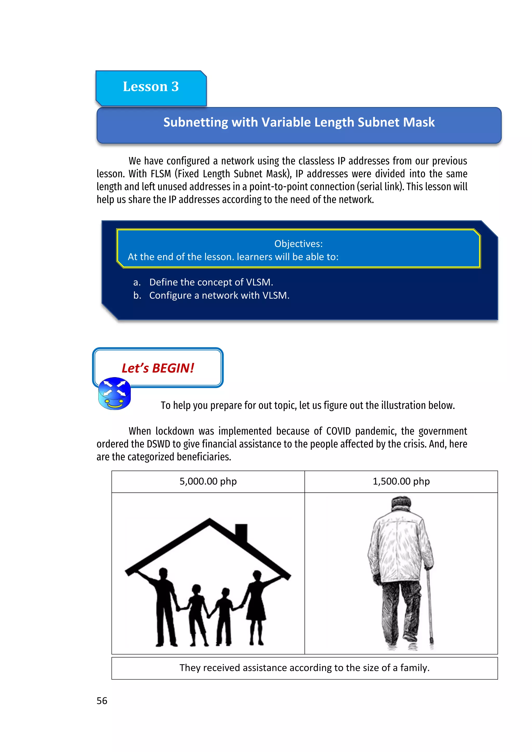 56
We have configured a network using the classless IP addresses from our previous
lesson. With FLSM (Fixed Length Subnet Mask), IP addresses were divided into the same
length and left unused addresses in a point-to-point connection (serial link). This lesson will
help us share the IP addresses according to the need of the network.
To help you prepare for out topic, let us figure out the illustration below.
When lockdown was implemented because of COVID pandemic, the government
ordered the DSWD to give financial assistance to the people affected by the crisis. And, here
are the categorized beneficiaries.
5,000.00 php 1,500.00 php
They received assistance according to the size of a family.
Let’s BEGIN!
Subnetting with Variable Length Subnet Mask
Lesson 3
a. Define the concept of VLSM.
b. Configure a network with VLSM.
Objectives:
At the end of the lesson, learners will be able to:
 