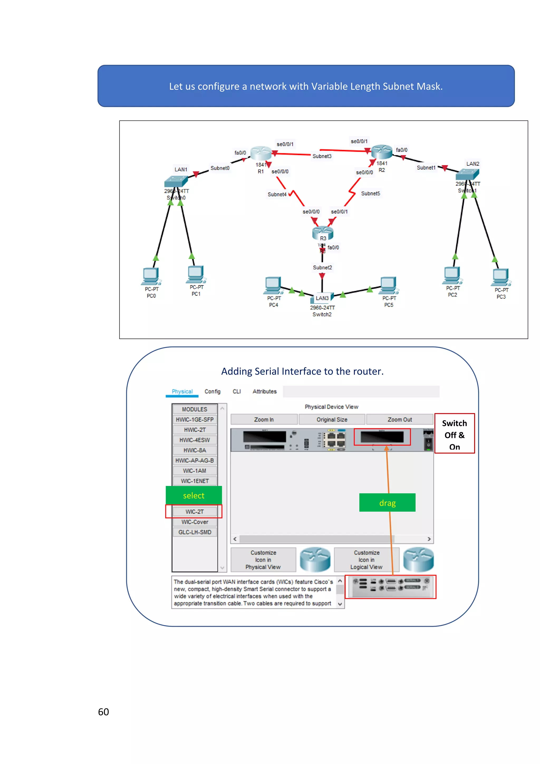60
Adding Serial Interface to the router.
select
drag
Switch
Off &
On
Let us configure a network with Variable Length Subnet Mask.
 