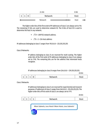 17
The higher order bits of the first octet of IP addresses of class C are always set to 110.
The remaining 21 bits are used to determine network ID. The 8 bits of host ID is used to
determine the host in any network.
▪ 2^21 = 2097152 network address
▪ 2^8 – 2 = 254 host address
IP addresses belonging to class C ranges from 192.0.0.0 – 223.255.255.255
Class D Networks
IP address belonging to class D are reserved for multi-casting. The higher
order bits of the first octet of IP addresses belonging to class D are always
set to 1110. The remaining bits are for the address that interested hosts
recognize.
IP addresses belonging to class D ranges from 224.0.0.0 – 239.255.255.255.
Class E Networks
IP addresses belonging to class E are reserved for experimental and research
purposes. IP addresses of class E ranges from 240.0.0.0 – 255.255.255.255. The
higher order bits of first octet of class E are always set to 1111.
28 Bit
Host
Network
1 1 1 0
28 Bit
Host
Network
1 1 1 1
21 Bit 8 Bit
Host
Network
1 1 0
Network
Number
Host
Number
More Subnets, Less Hosts! More Hosts, Less Subnets!
 