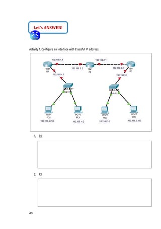 40
Activity 1. Configure an interface with Classful IP address.
1. R1
2. R2
Let’s ANSWER!
 