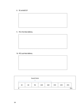 64
8. R3: serial0/0/1
9. PC4: First Host Address.
10. PC5: Last Host Address.
32 64 96 128 160 192 224 255
0
Saved Hosts
255
 