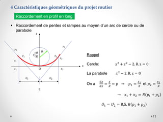 11
4 Caractéristiques géométriques du projet routier
 Raccordement de pentes et rampes au moyen d’un arc de cercle ou de
parabole
Raccordement en profil en long
E
𝑈2
R
z
x
𝑇2
𝑇1
O 𝑥2
𝑧2
𝑥1
𝑧1
o
C
R
c
𝑂
𝑅
𝑝1
𝑝2
Rappel
Cercle: 𝑥2
+ 𝑧2
− 2. R. z = 0
La parabole 𝑥2
− 2. R. z = 0
On a
𝑑𝑧
𝑑𝑥
=
𝑥
𝑅
= 𝑝 → 𝑝1 =
𝑥1
𝑅
et 𝑝2 =
𝑥2
𝑅
→ 𝑥1 + 𝑥2 = 𝑅 𝑝1 + 𝑝2
𝑈1 = 𝑈2 = 0,5. 𝑅 𝑝1 ± 𝑝2
𝑈1
 