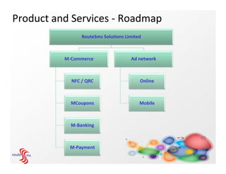 Product and Services - Roadmap
                RouteSms Solutions Limited



          M-Commerce                 Ad network



            NFC / QRC                    Online



            MCoupons                     Mobile



            M-Banking



           M-Payment
 
