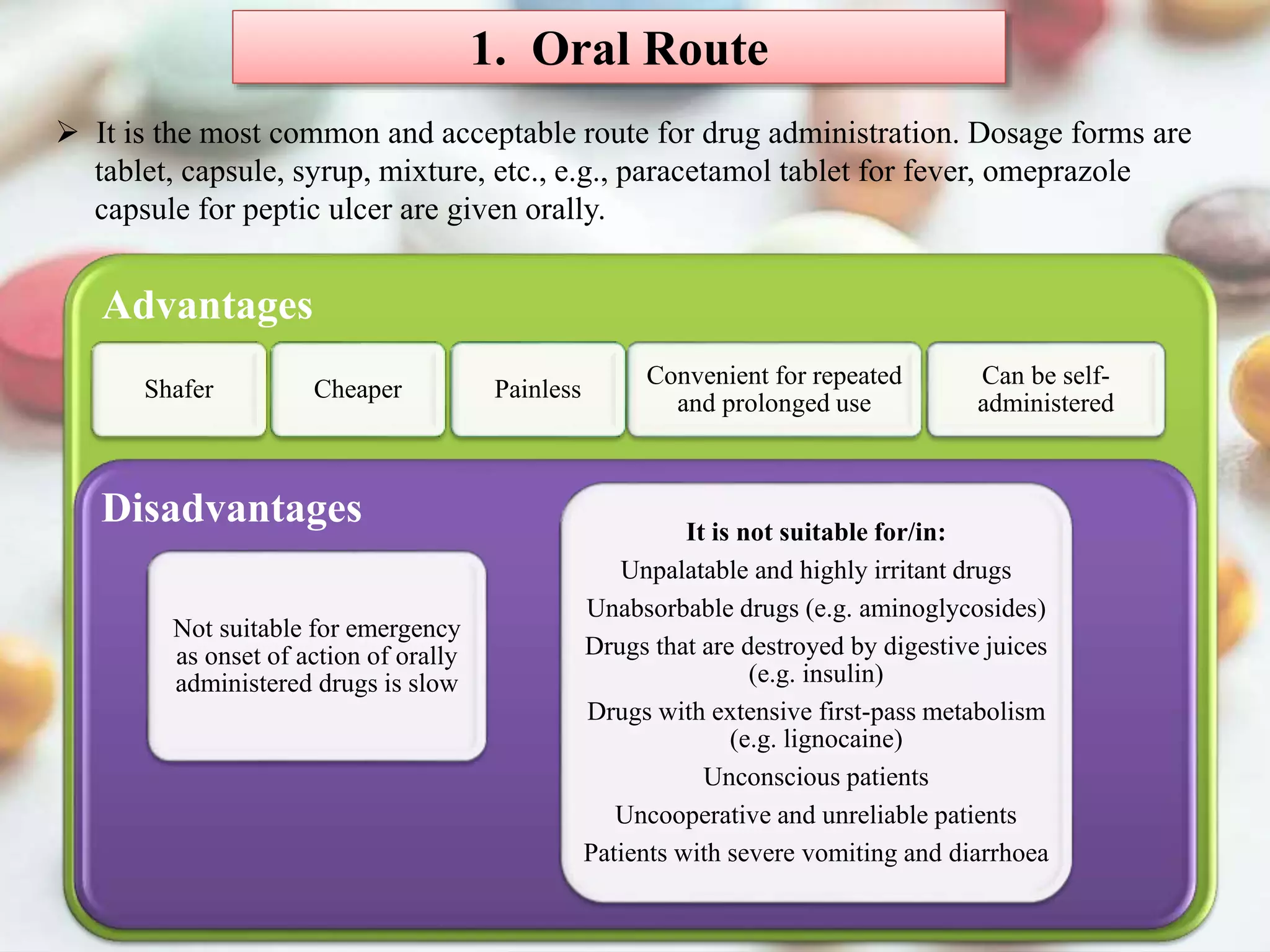 1. Oral Route
 It is the most common and acceptable route for drug administration. Dosage forms are
tablet, capsule, syrup, mixture, etc., e.g., paracetamol tablet for fever, omeprazole
capsule for peptic ulcer are given orally.
Advantages
Shafer Cheaper Painless
Convenient for repeated
and prolonged use
Can be self-
administered
Disadvantages
Not suitable for emergency
as onset of action of orally
administered drugs is slow
It is not suitable for/in:
Unpalatable and highly irritant drugs
Unabsorbable drugs (e.g. aminoglycosides)
Drugs that are destroyed by digestive juices
(e.g. insulin)
Drugs with extensive first-pass metabolism
(e.g. lignocaine)
Unconscious patients
Uncooperative and unreliable patients
Patients with severe vomiting and diarrhoea
 