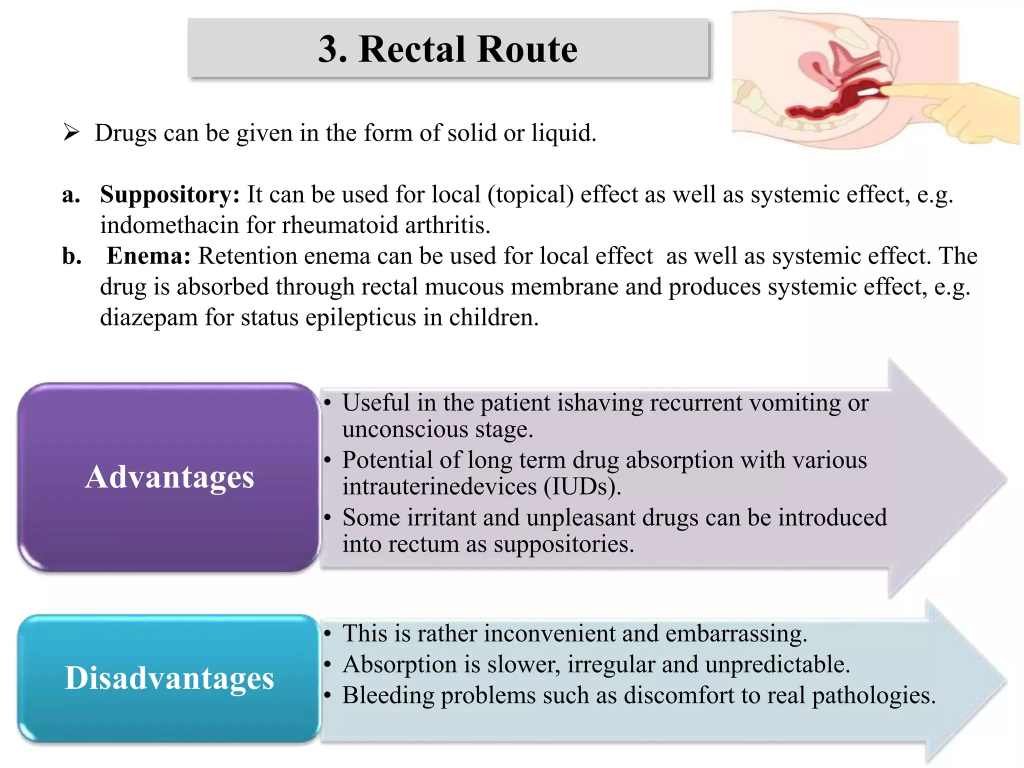 3. Rectal Route
 Drugs can be given in the form of solid or liquid.
a. Suppository: It can be used for local (topical) effect as well as systemic effect, e.g.
indomethacin for rheumatoid arthritis.
b. Enema: Retention enema can be used for local effect as well as systemic effect. The
drug is absorbed through rectal mucous membrane and produces systemic effect, e.g.
diazepam for status epilepticus in children.
• Useful in the patient ishaving recurrent vomiting or
unconscious stage.
• Potential of long term drug absorption with various
intrauterinedevices (IUDs).
• Some irritant and unpleasant drugs can be introduced
into rectum as suppositories.
Advantages
• This is rather inconvenient and embarrassing.
• Absorption is slower, irregular and unpredictable.
• Bleeding problems such as discomfort to real pathologies.
Disadvantages
 