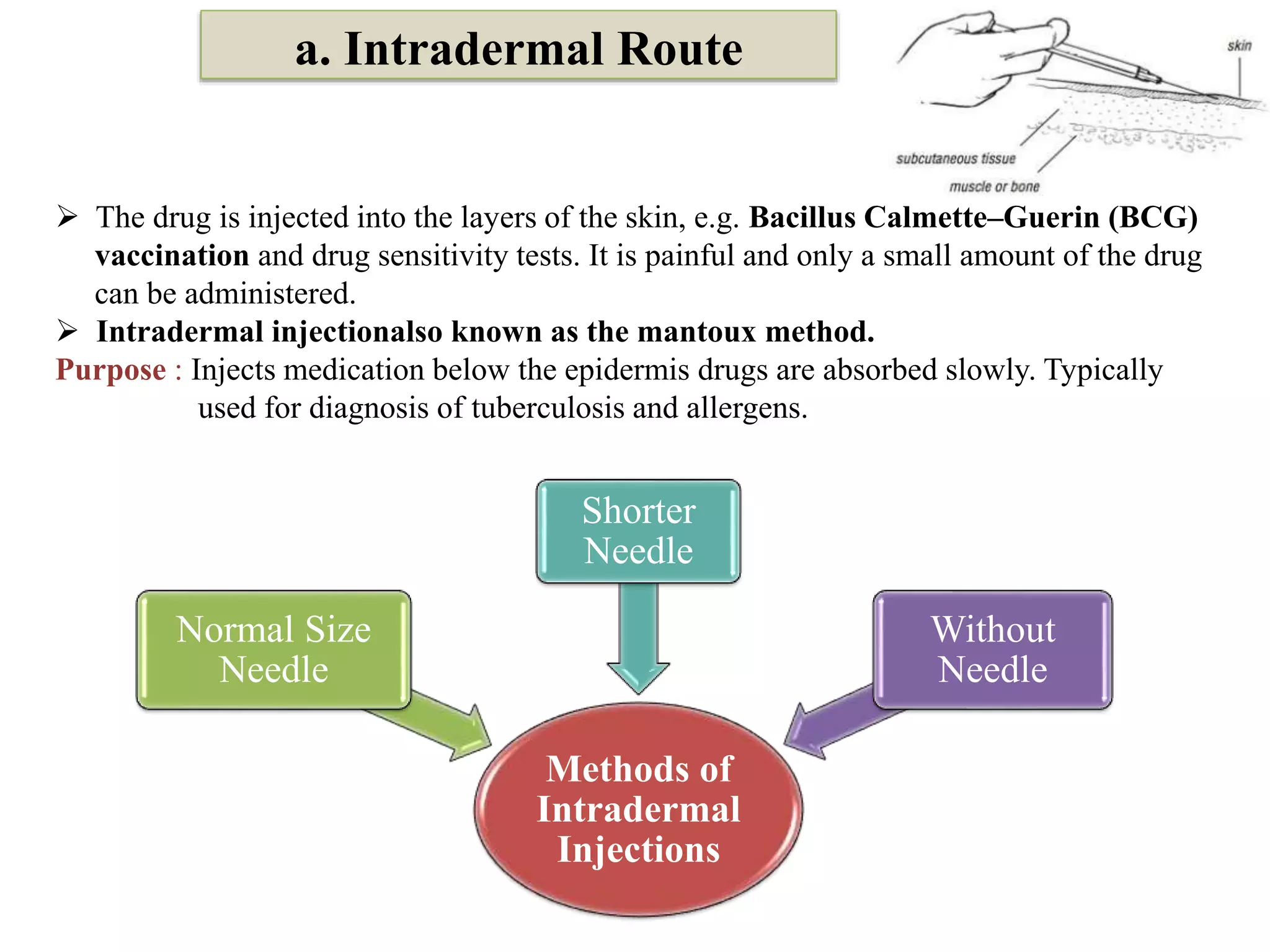  The drug is injected into the layers of the skin, e.g. Bacillus Calmette–Guerin (BCG)
vaccination and drug sensitivity tests. It is painful and only a small amount of the drug
can be administered.
 Intradermal injectionalso known as the mantoux method.
Purpose : Injects medication below the epidermis drugs are absorbed slowly. Typically
used for diagnosis of tuberculosis and allergens.
a. Intradermal Route
Methods of
Intradermal
Injections
Normal Size
Needle
Shorter
Needle
Without
Needle
 