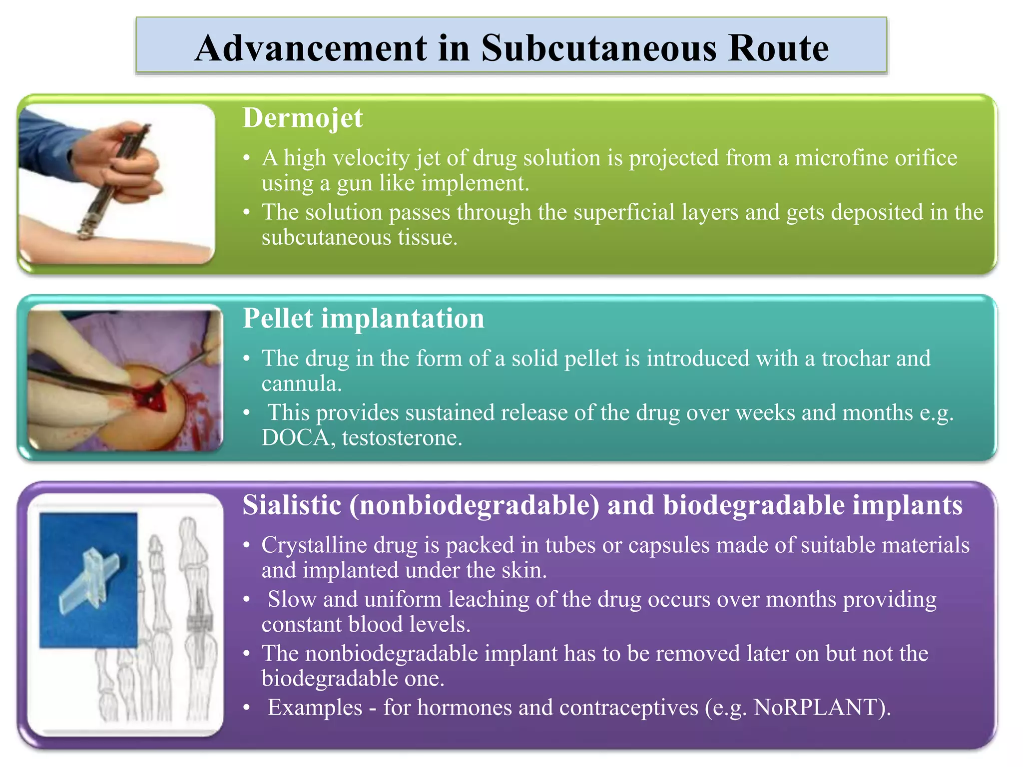 Advancement in Subcutaneous Route
Dermojet
• A high velocity jet of drug solution is projected from a microfine orifice
using a gun like implement.
• The solution passes through the superficial layers and gets deposited in the
subcutaneous tissue.
Pellet implantation
• The drug in the form of a solid pellet is introduced with a trochar and
cannula.
• This provides sustained release of the drug over weeks and months e.g.
DOCA, testosterone.
Sialistic (nonbiodegradable) and biodegradable implants
• Crystalline drug is packed in tubes or capsules made of suitable materials
and implanted under the skin.
• Slow and uniform leaching of the drug occurs over months providing
constant blood levels.
• The nonbiodegradable implant has to be removed later on but not the
biodegradable one.
• Examples - for hormones and contraceptives (e.g. NoRPLANT).
 